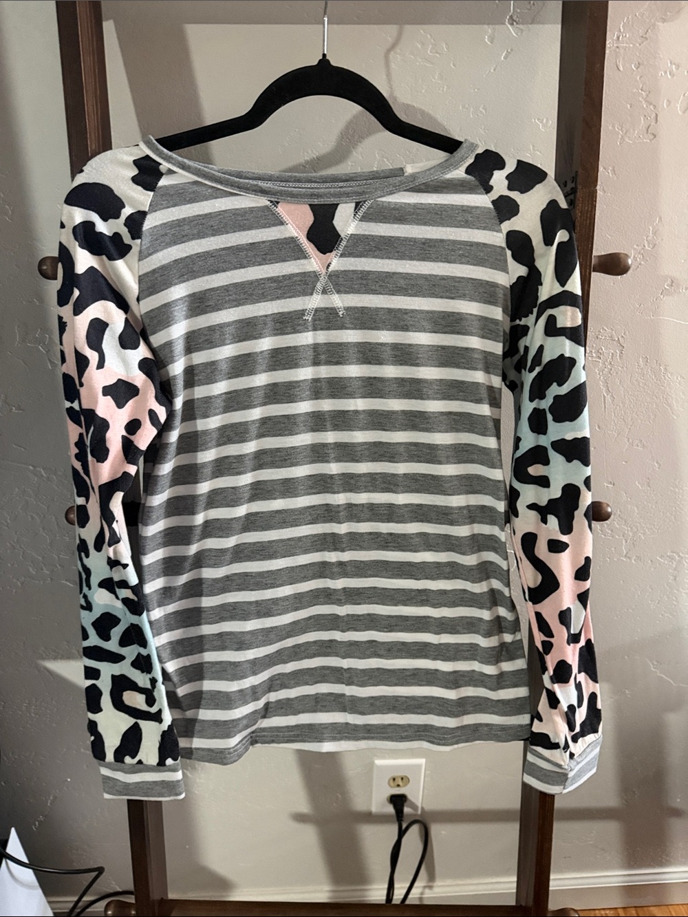 Striped Raglan Top with Pastel Leopard Sleeves